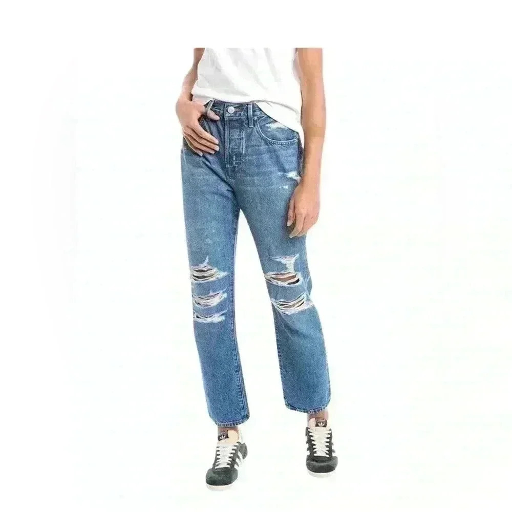 FRAME LE ORIGINAL High Rise Straight Jeans Button Fly Distressed Riverrun 26